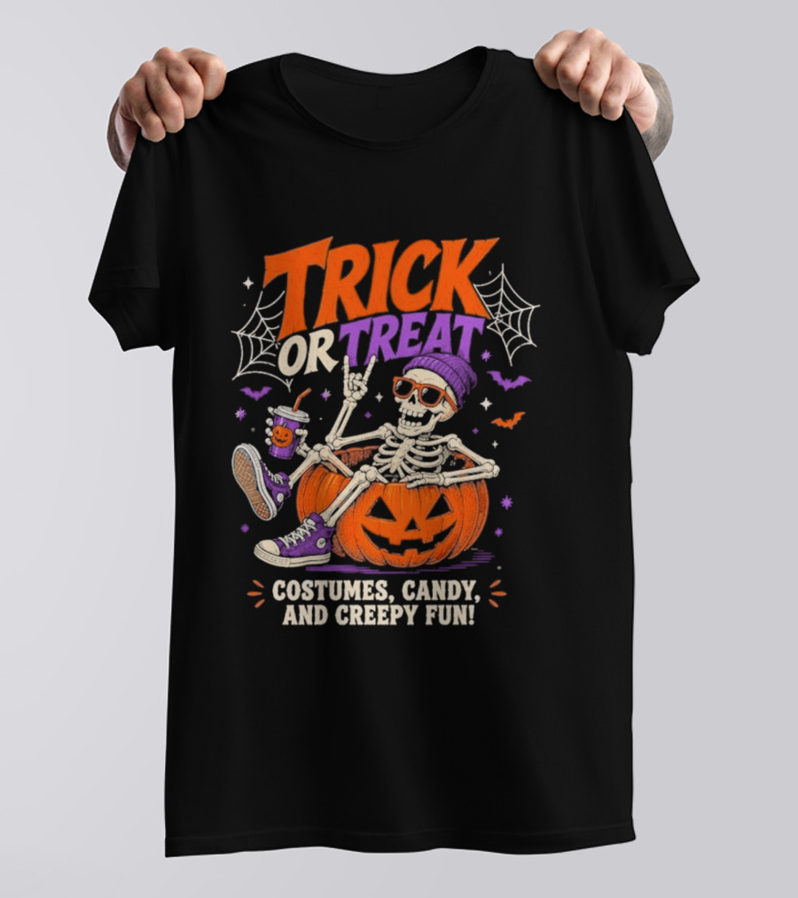 Skeleton Trick Or Treat Costumes Candy And Creepy Fun Halloween Party T-Shirt