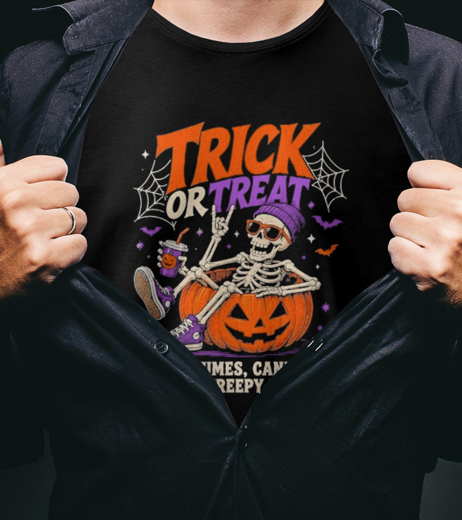 Skeleton Trick Or Treat Costumes Candy And Creepy Fun Halloween Party T-Shirt
