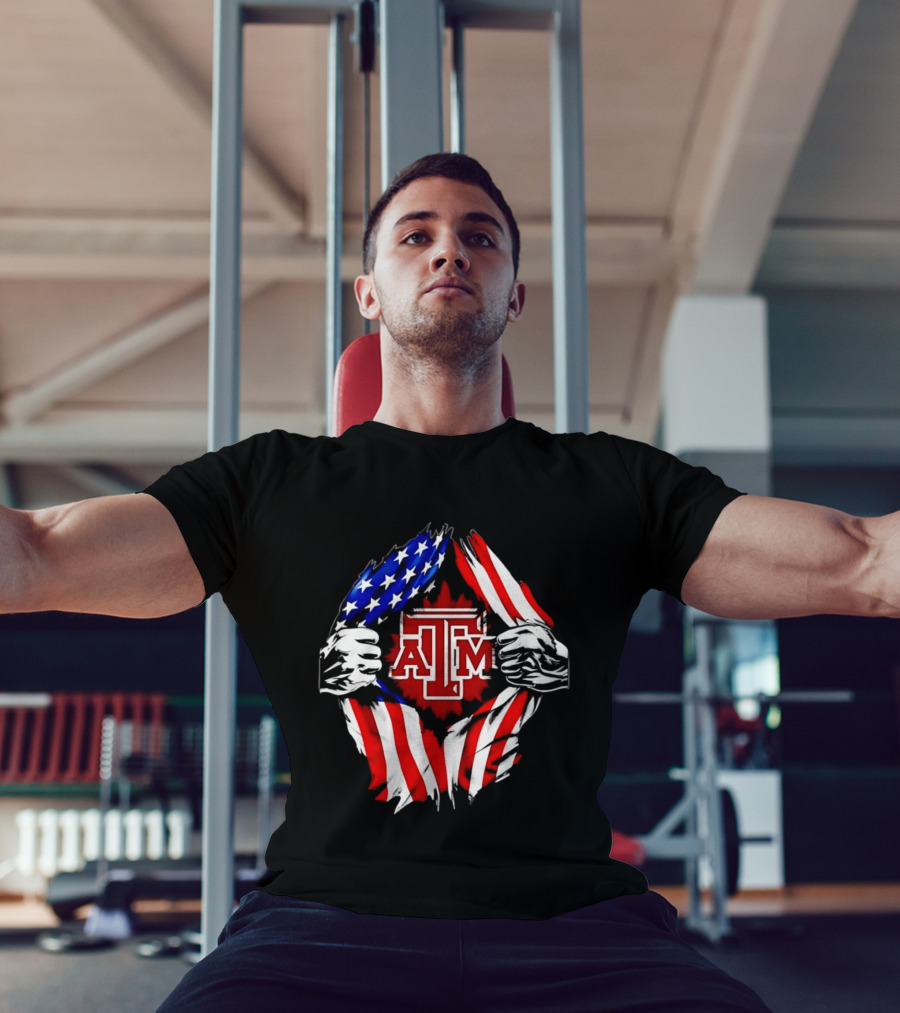 Texas A And M University Ripped Chest American Flag T-Shirt