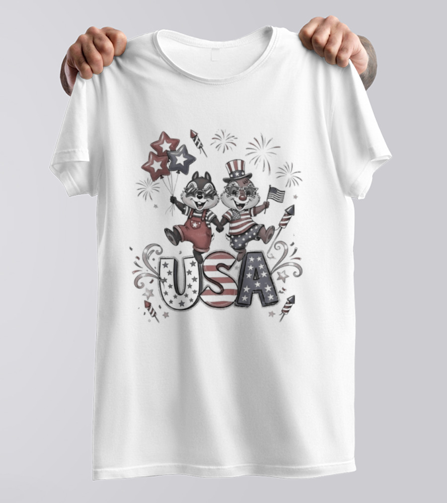 Chip And Dale USA Patriotic Fireworks Stars And Stripes Fourth Of July T-Shirt