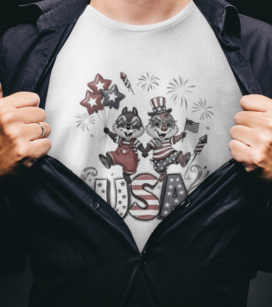 Chip And Dale USA Patriotic Fireworks Stars And Stripes Fourth Of July T-Shirt
