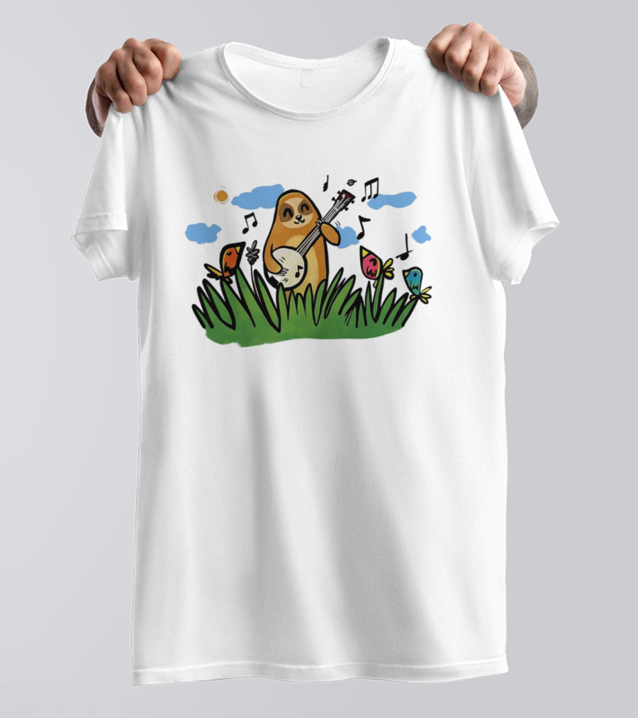Sloth Happy Playing The Banjo With Singing Birds T-Shirt