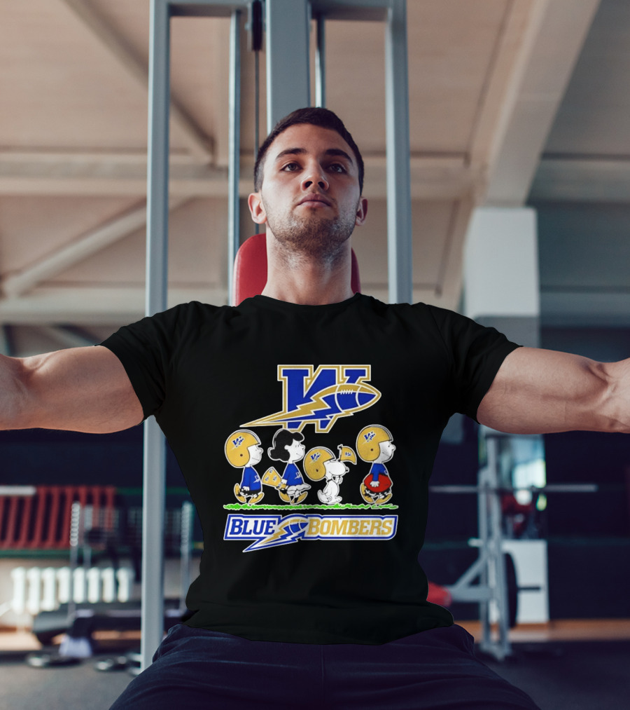 Peanuts Characters Winnipeg Blue Bombers CFL Collaboration Charlie Brown Snoopy Lucy Football Helmets T-Shirt