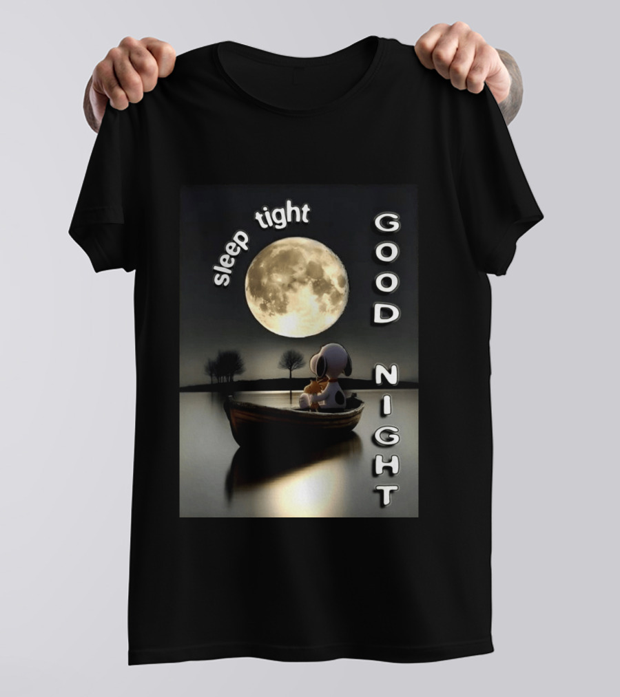 Sleep Tight Good Night Snoopy And Woodstock Moonlight Boat Scene T-Shirt