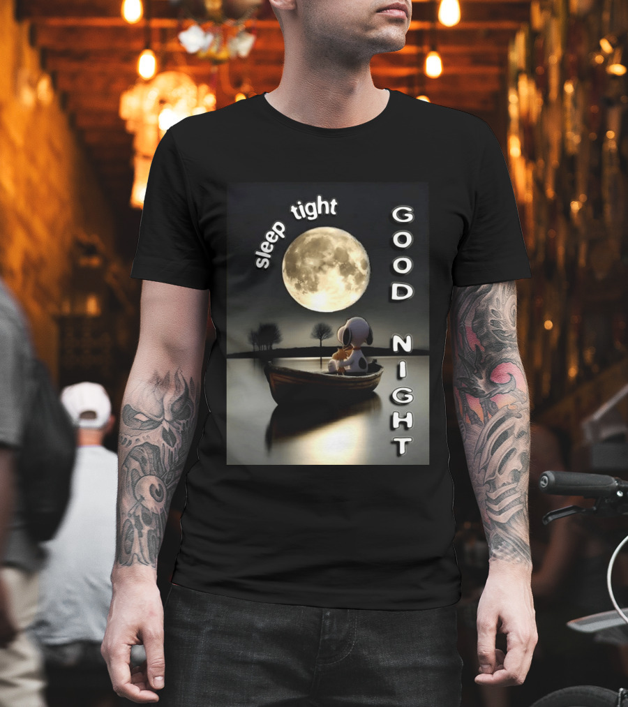Sleep Tight Good Night Snoopy And Woodstock Moonlight Boat Scene T-Shirt