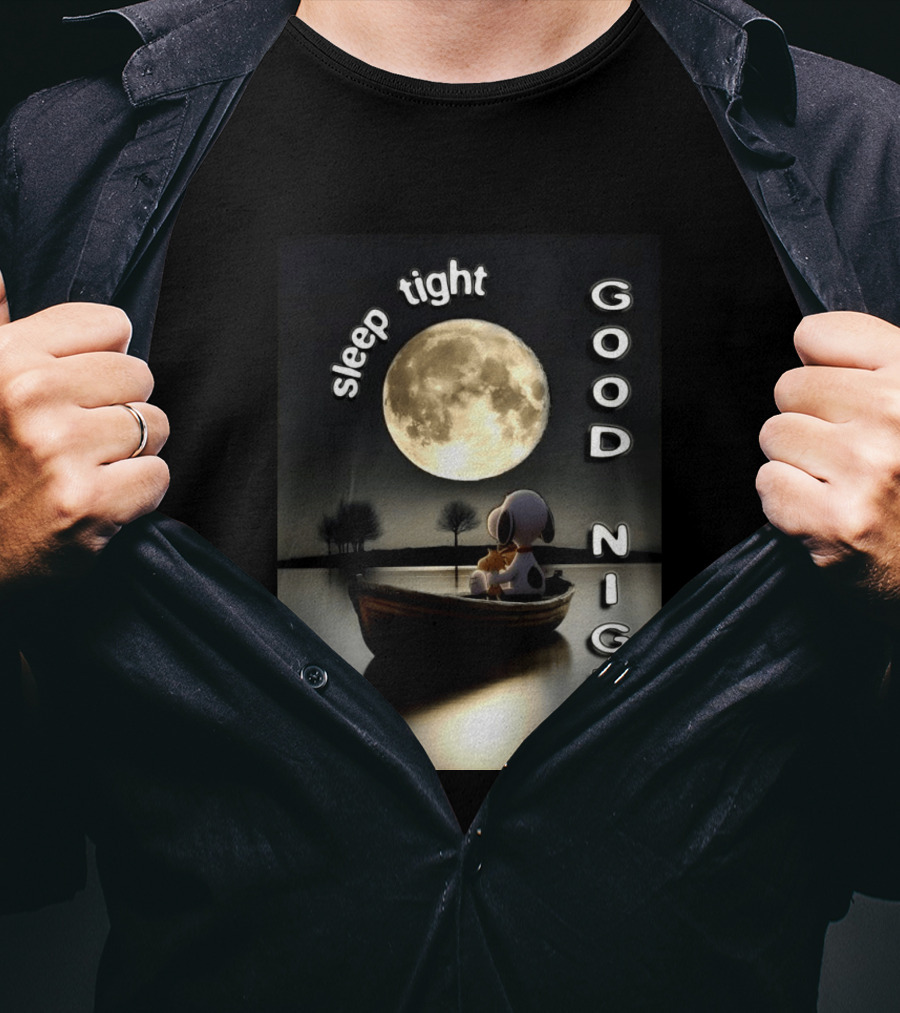 Sleep Tight Good Night Snoopy And Woodstock Moonlight Boat Scene T-Shirt