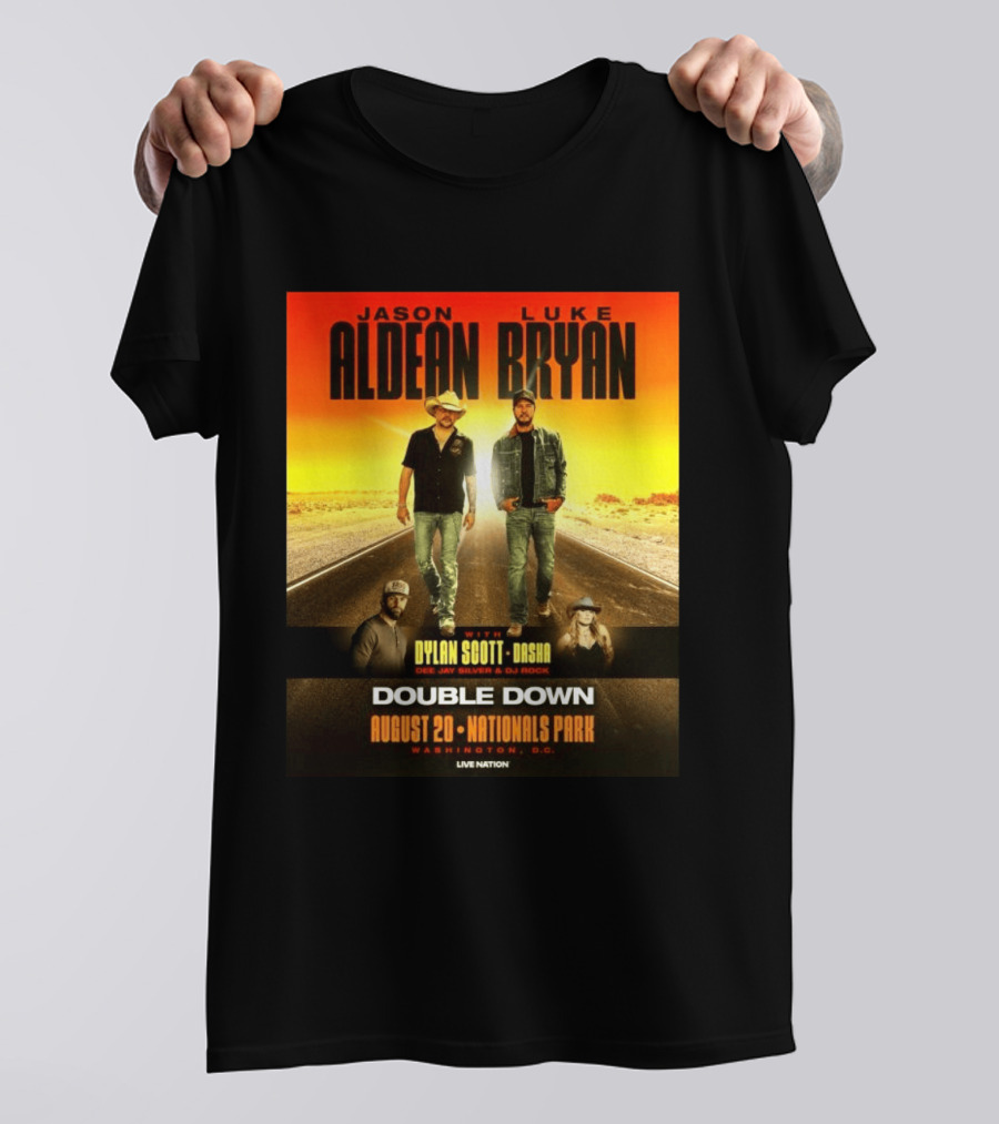 Jason Aldean Luke Bryan Double Down August 20 Nationals Park Washington D.C. With Dylan Scott Dasha Dee Jay Silver Dj Rock Live Nation T-Shirt