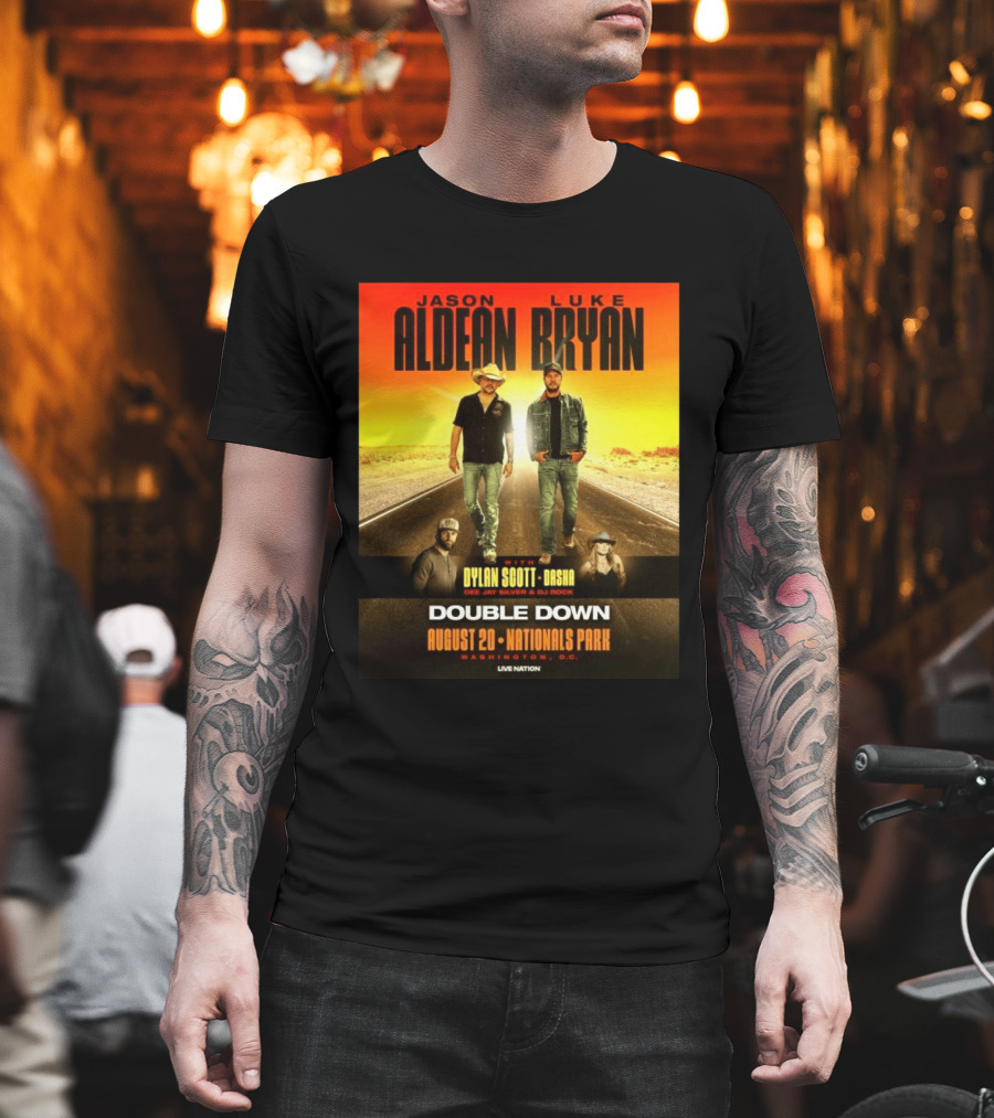 Jason Aldean Luke Bryan Double Down August 20 Nationals Park Washington D.C. With Dylan Scott Dasha Dee Jay Silver Dj Rock Live Nation T-Shirt
