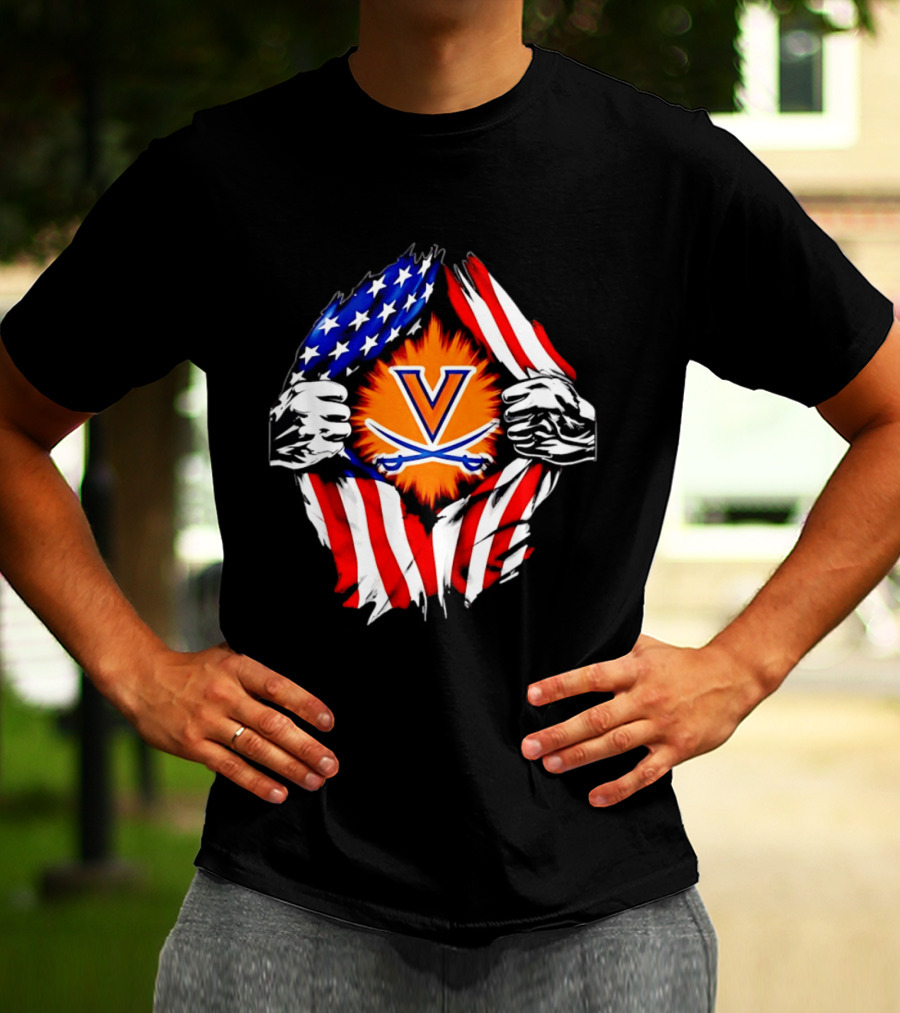 Virginia Cavaliers American Flag Ripped Chest V T-Shirt