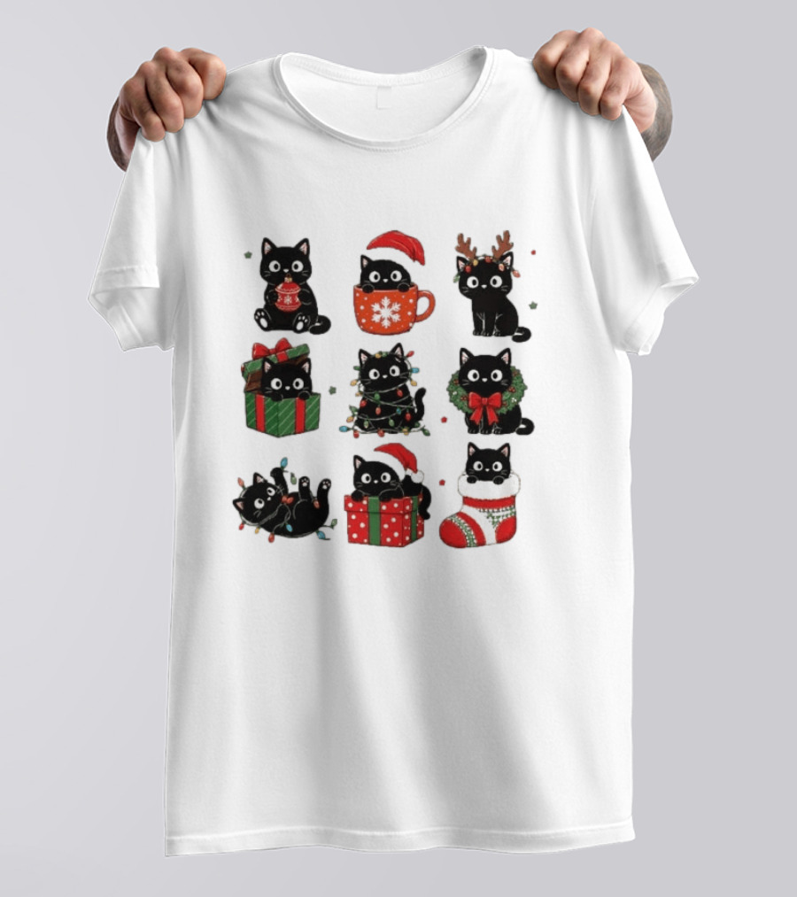 Black Cats Christmas Grid T-Shirt