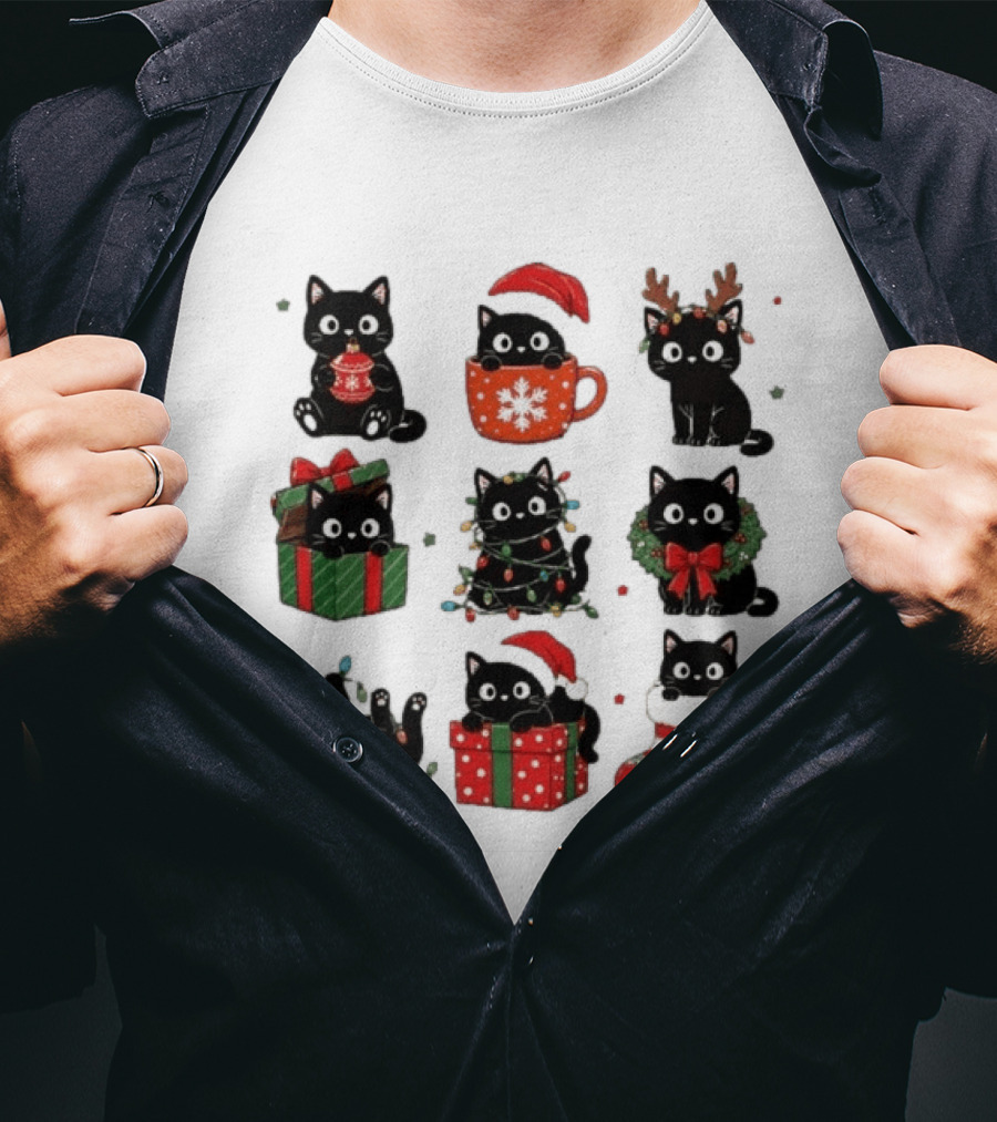 Black Cats Christmas Grid T-Shirt