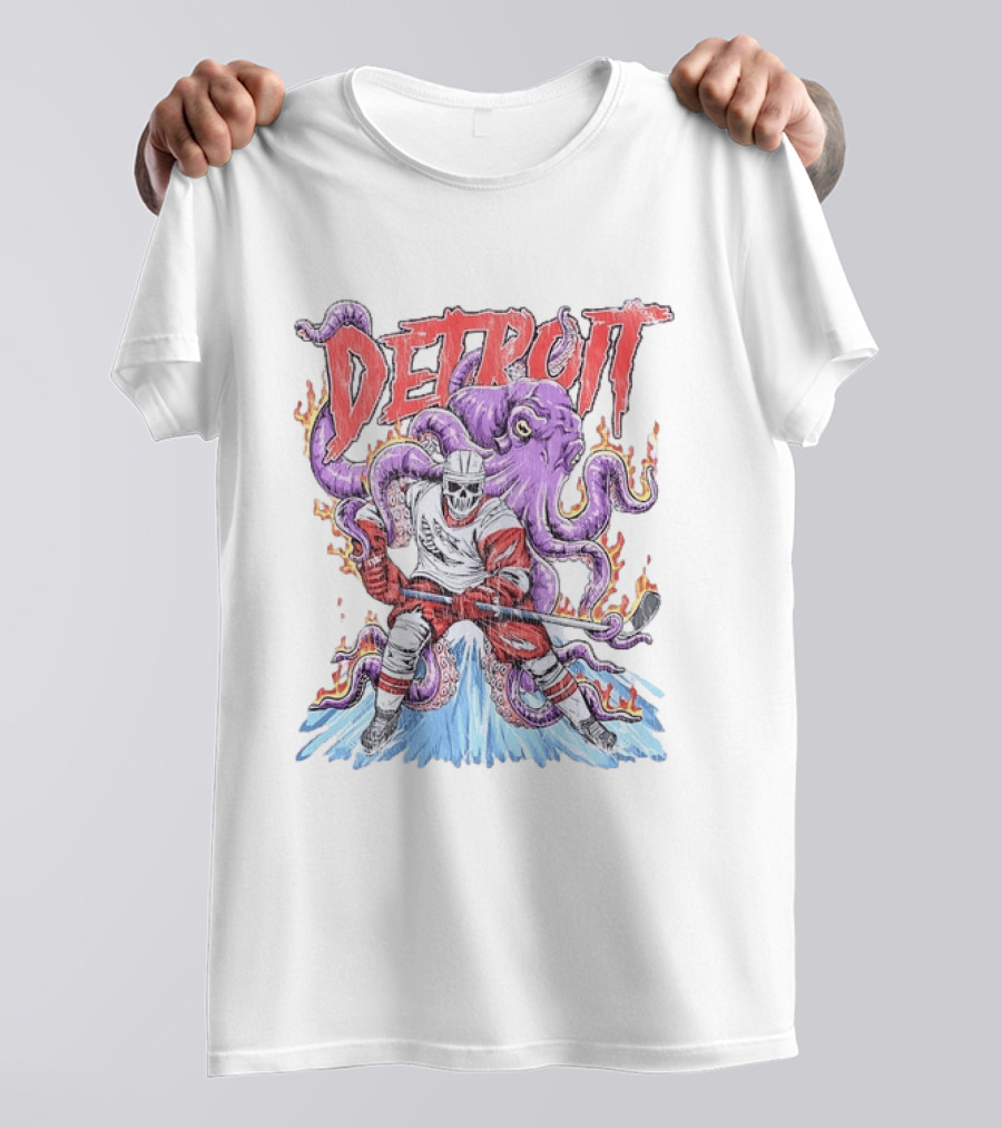 Detroit Red Wings Skeleton Hockey Octopus Distressed T-Shirt