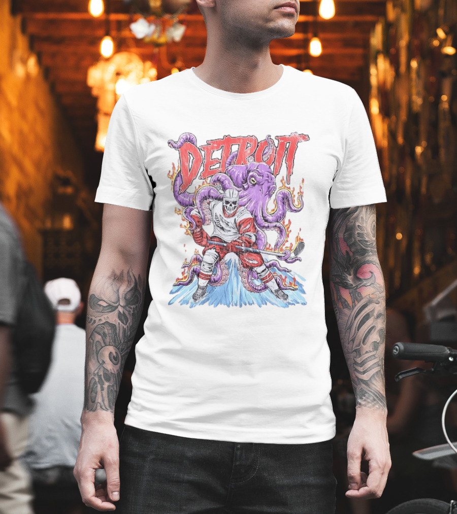 Detroit Red Wings Skeleton Hockey Octopus Distressed T-Shirt