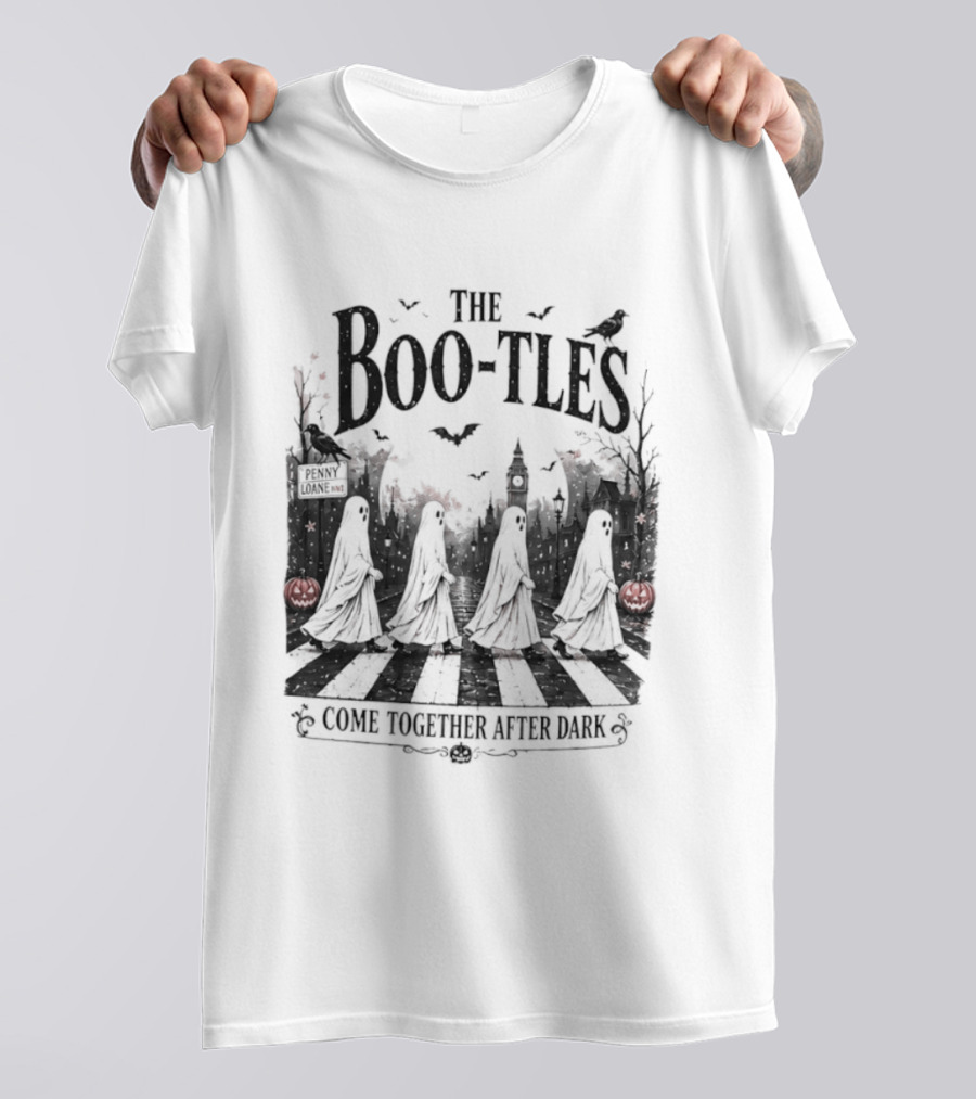 The Boo Tles Come Together After Dark Halloween Ghostly Abbey Road Bats Pumpkins T-Shirt