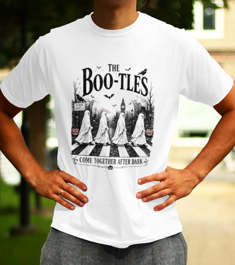 The Boo Tles Come Together After Dark Halloween Ghostly Abbey Road Bats Pumpkins T-Shirt