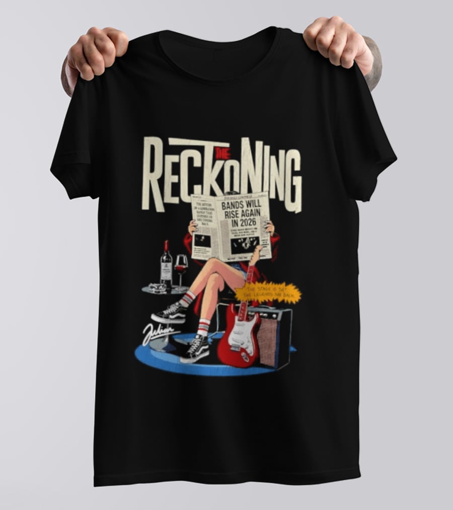 The Reckoning Bands Will Rise Again 2026 Woman Reading Newspaper Red Electric Guitar Amp T-Shirt