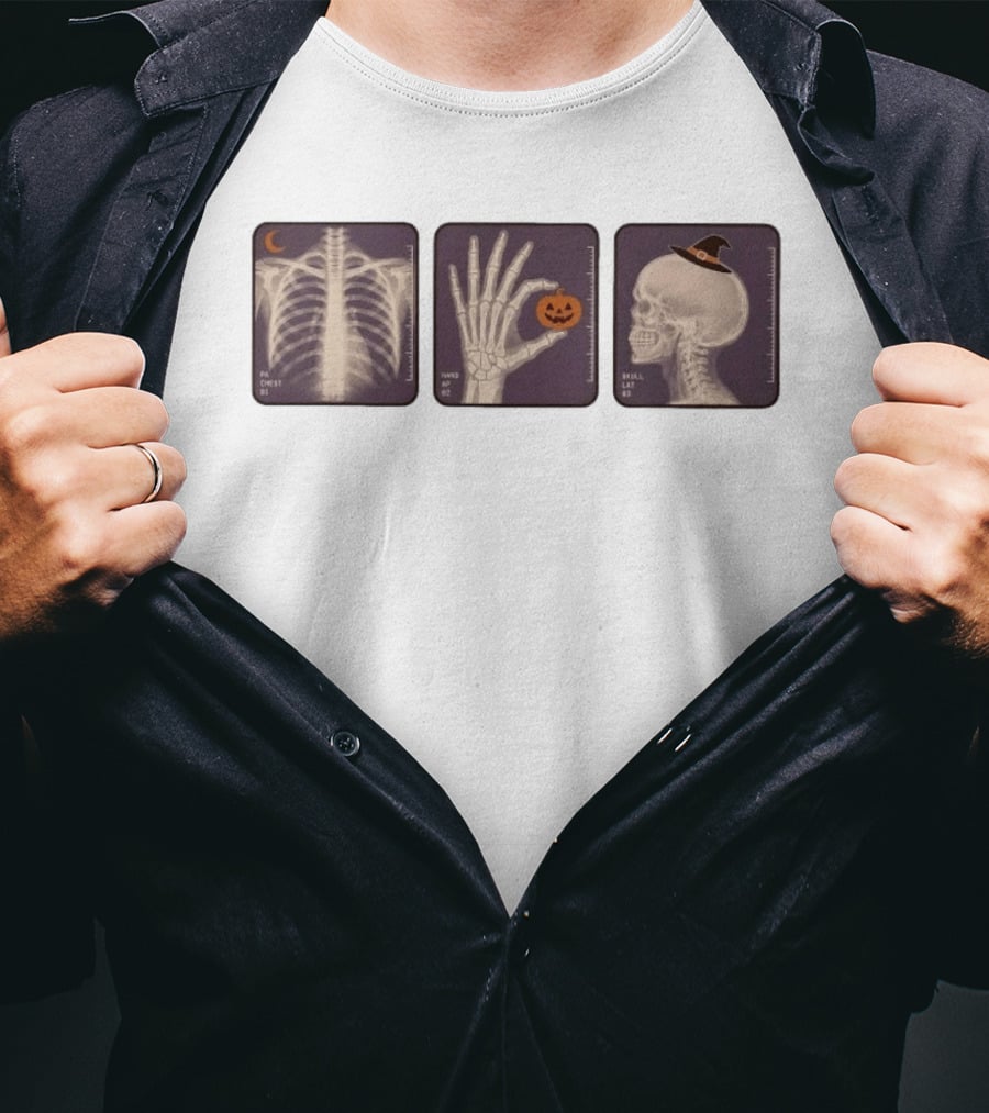 X Ray Skeleton Halloween Chest Hand Pumpkin Skull Witch Hat T-Shirt