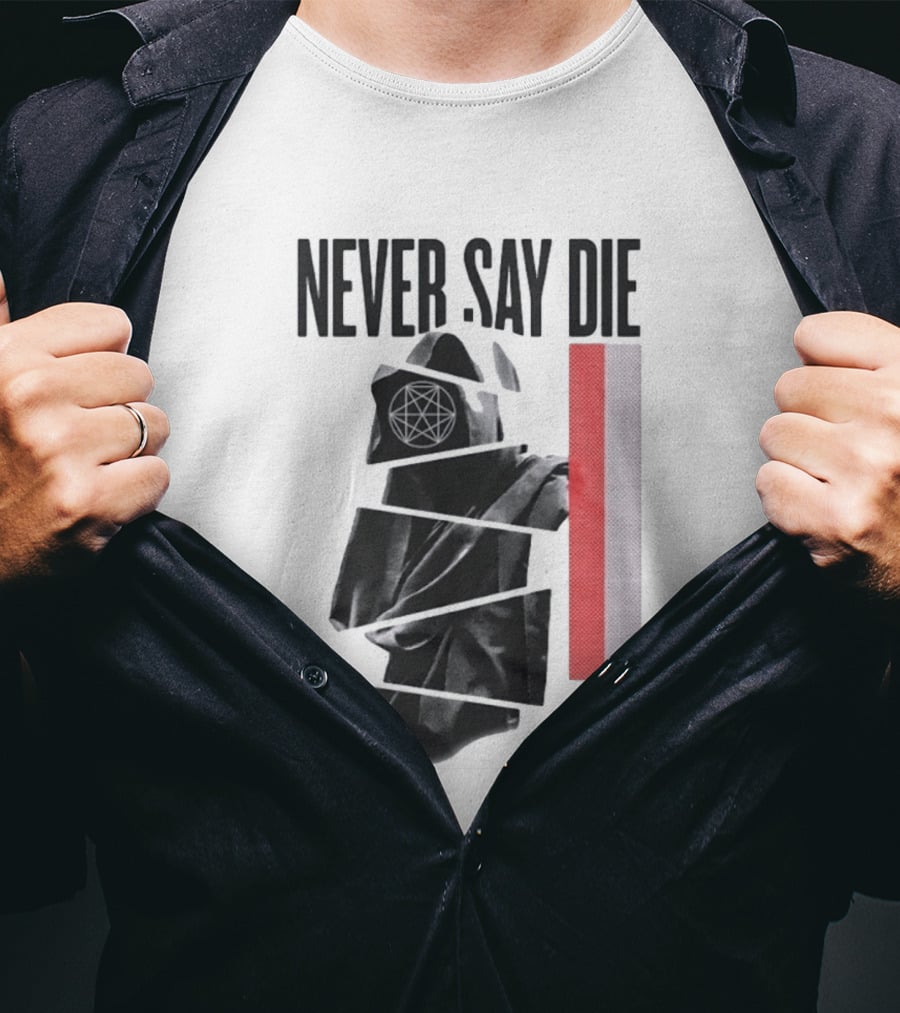 Never Say Die Hooded Occult Figure With Pentagram Halftone T-Shirt