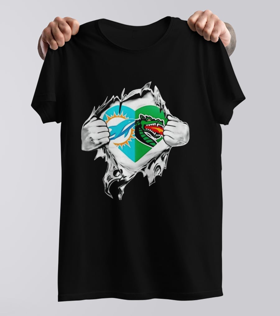 Miami Dolphins UAB Blazers Heart Superman Chest Rip T-Shirt