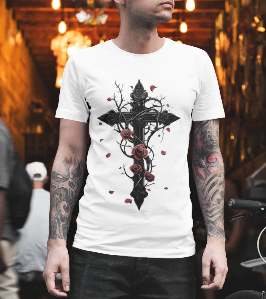 Gothic Cross Red Roses Thorns Religious Symbol Roses T-Shirt
