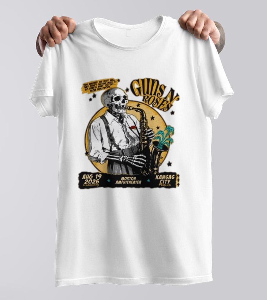 Guns N' Roses Aug 19 2026 Morton Amphitheater Kansas City Skeleton Saxophone T-Shirt