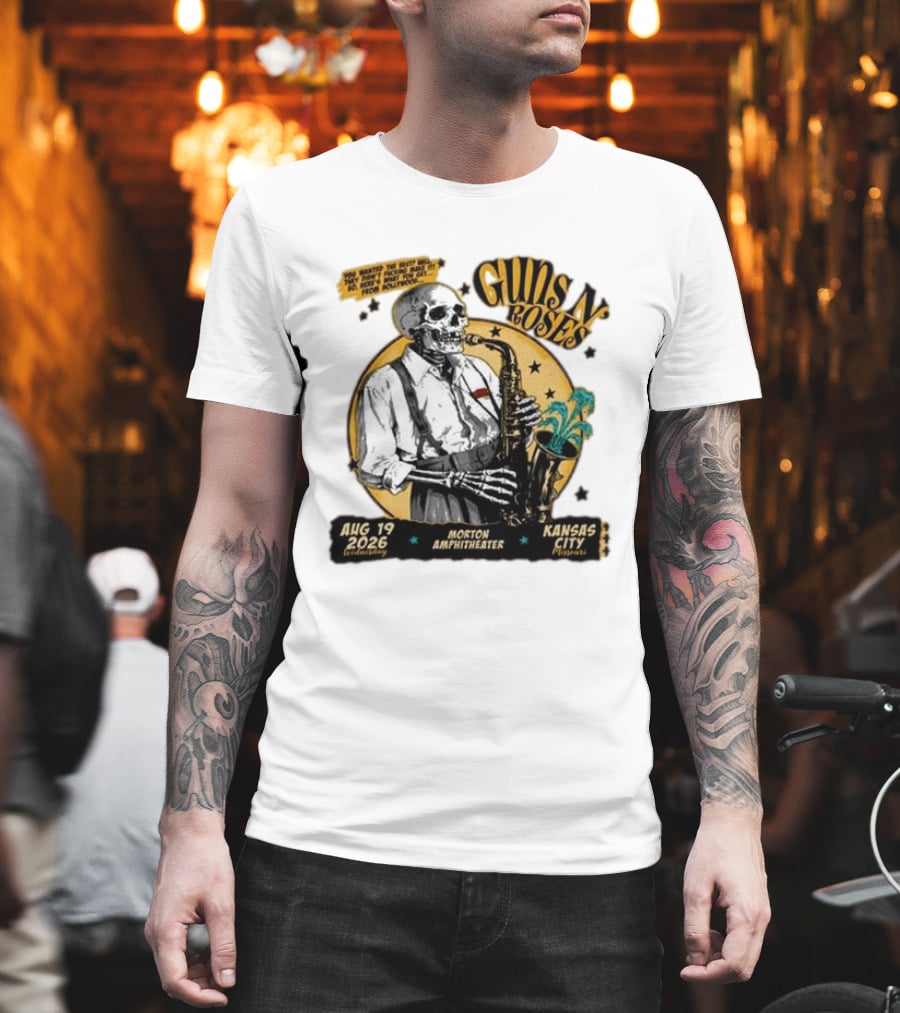 Guns N' Roses Aug 19 2026 Morton Amphitheater Kansas City Skeleton Saxophone T-Shirt