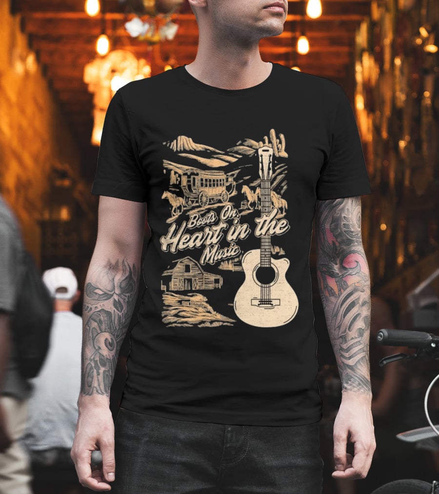 Boots On Heart In The Music Acoustic Guitar Cowboy Stagecoach Barn Scene T-Shirt