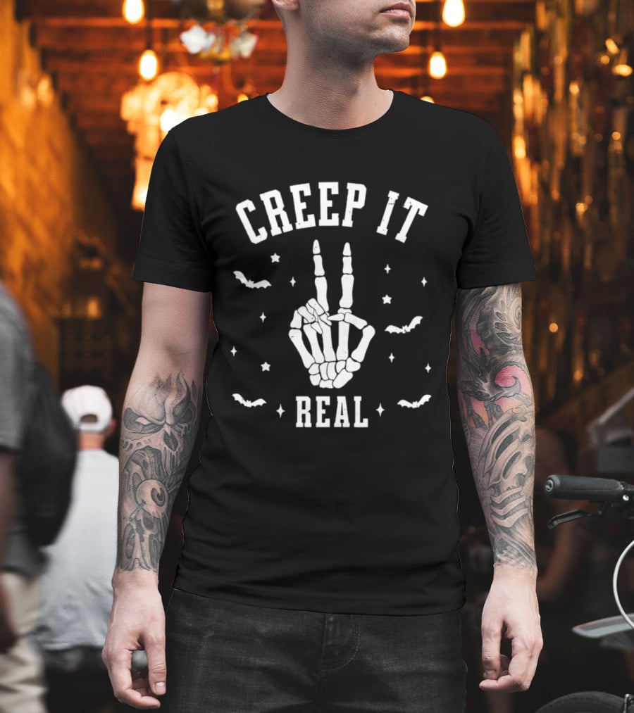 Creep It Real Skeleton Hand Peace Sign Halloween Bats Stars T-Shirt