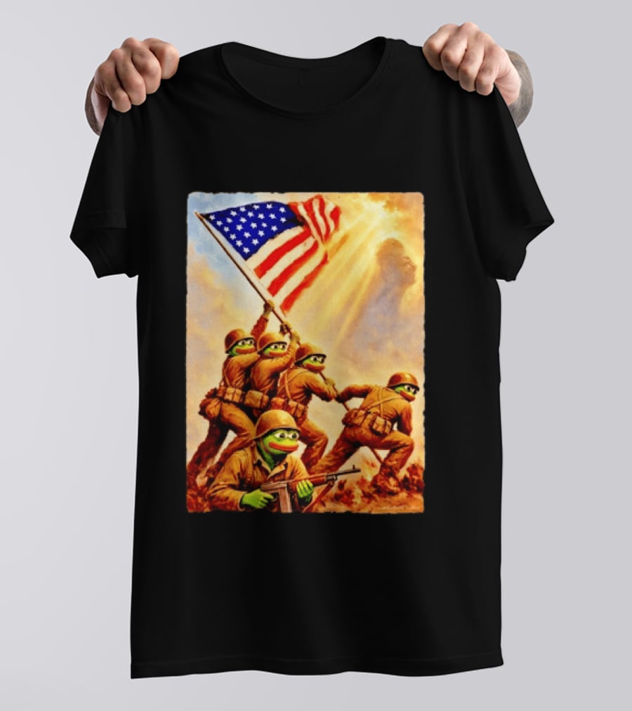 Pepe The Frog American Flag Soldiers Together We Win WWII Iwo Jima Memorial T-Shirt