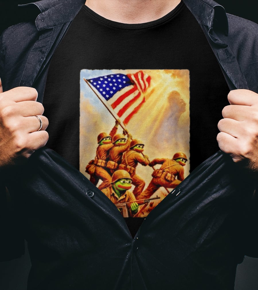 Pepe The Frog American Flag Soldiers Together We Win WWII Iwo Jima Memorial T-Shirt