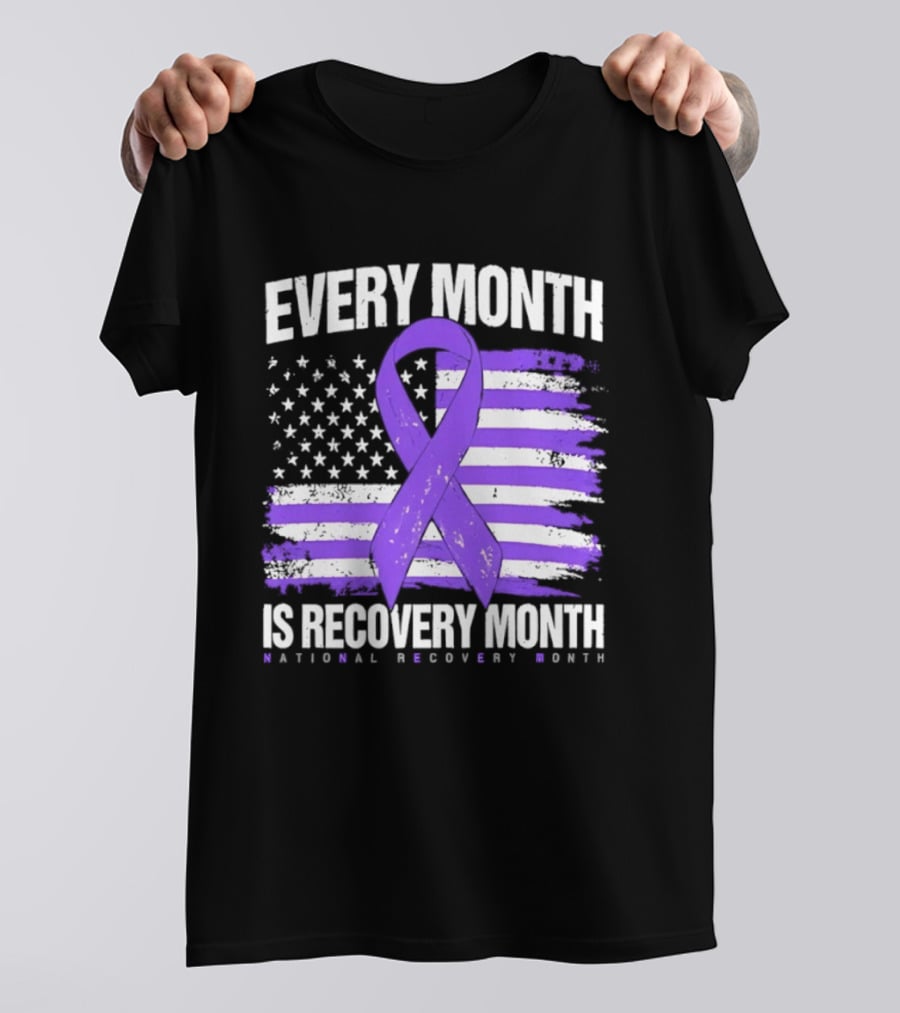 Every Month Is Recovery Month Purple Ribbon American Flag National Recovery Month T-Shirt