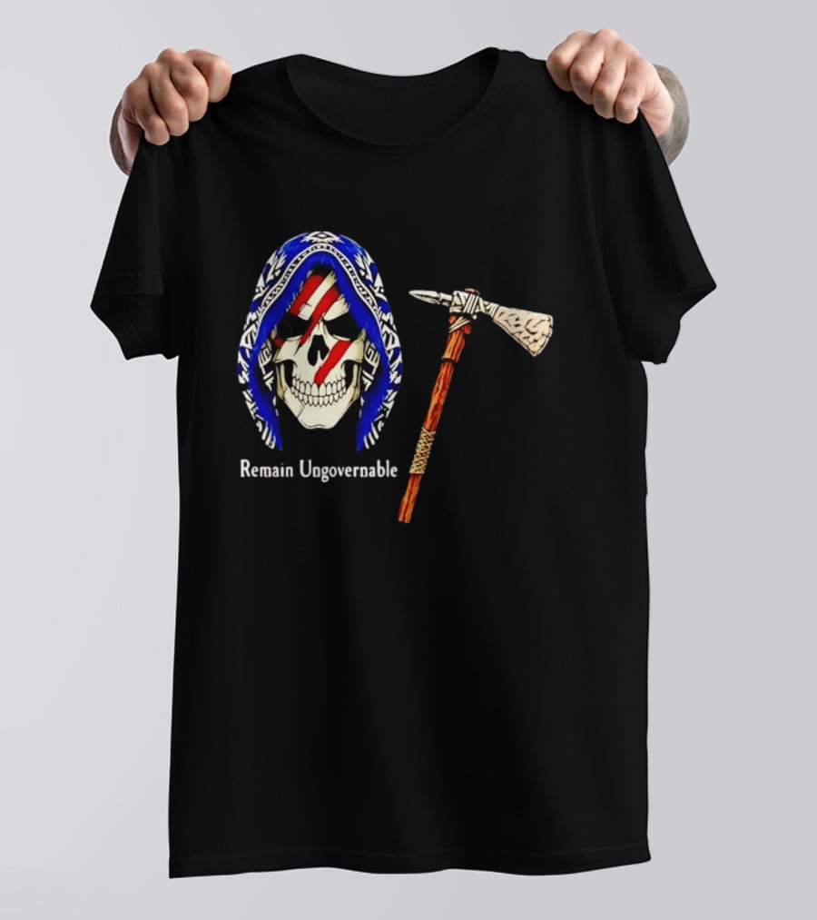 Skull With Tomahawk Remain Ungovernable Hooded Skeleton Red Marks T-Shirt