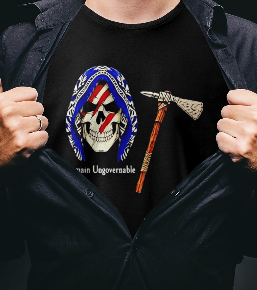 Skull With Tomahawk Remain Ungovernable Hooded Skeleton Red Marks T-Shirt