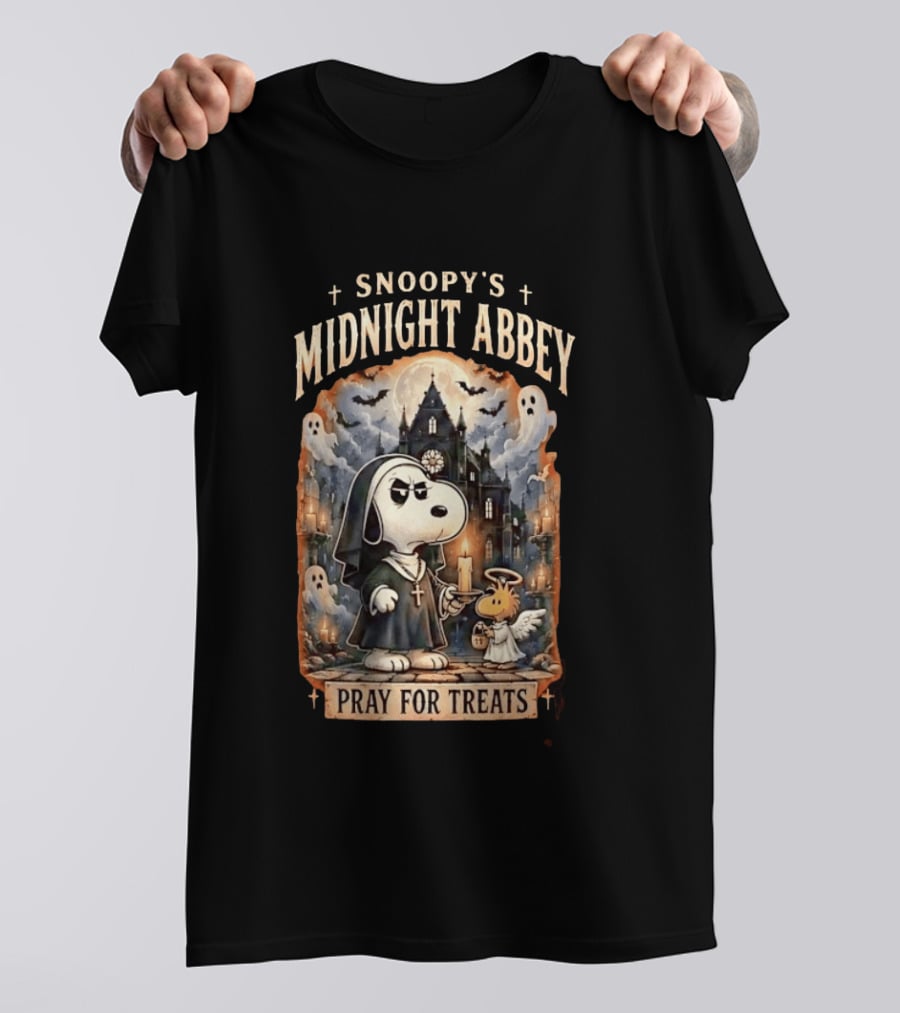 Snoopy's Midnight Abbey Pray For Treats Halloween Cathedral Scene T-Shirt