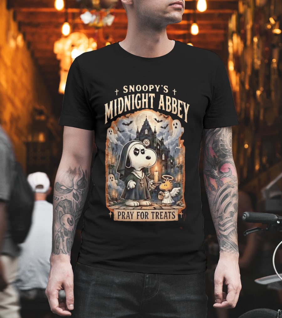 Snoopy's Midnight Abbey Pray For Treats Halloween Cathedral Scene T-Shirt