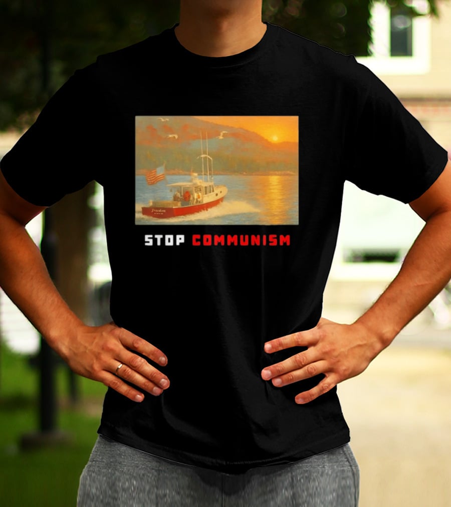 Stop Communism Freedom Boat American Flag Sunset Landscape T-Shirt