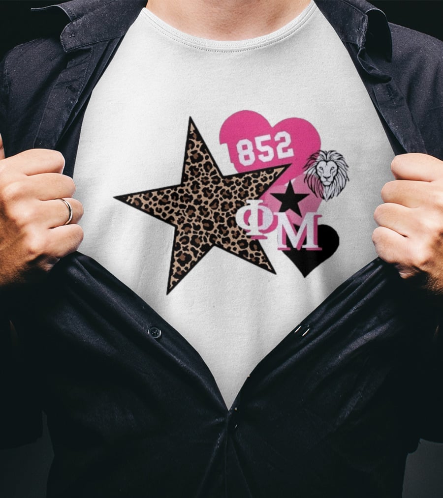 Phi Mu 1852 Leopard Star Lion 852 Pink Heart Sorority T-Shirt