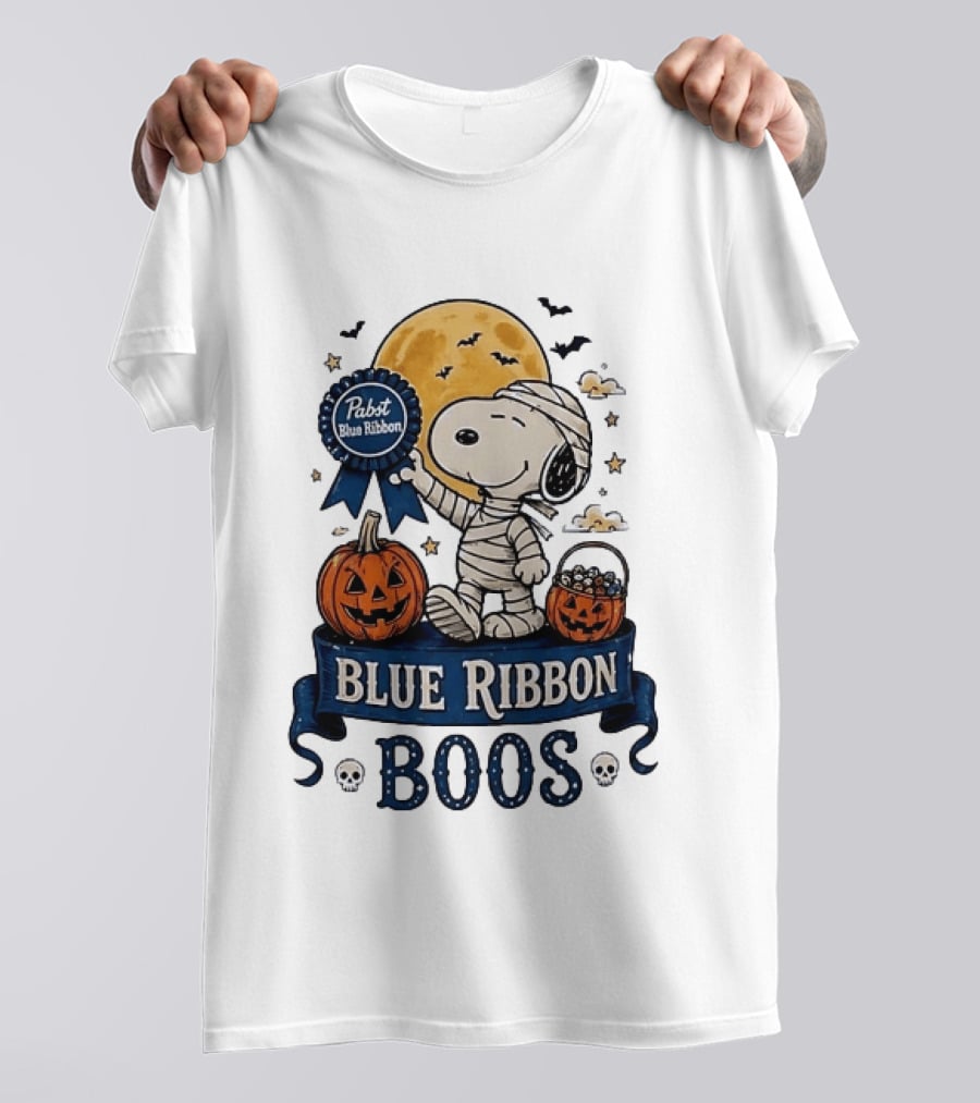 Pabst Blue Ribbon Snoopy Mummy Halloween Blue Ribbon Boos Pumpkin Moon Bats T-Shirt