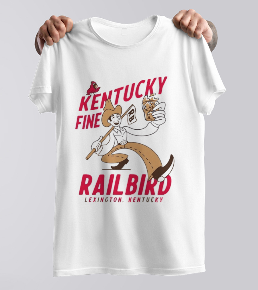 Kentucky Fine Railbird Lexington Kentucky Cowboy With Trophy And Cardinal T-Shirt