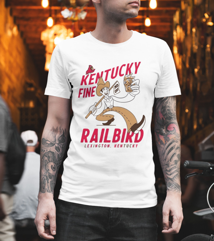 Kentucky Fine Railbird Lexington Kentucky Cowboy With Trophy And Cardinal T-Shirt