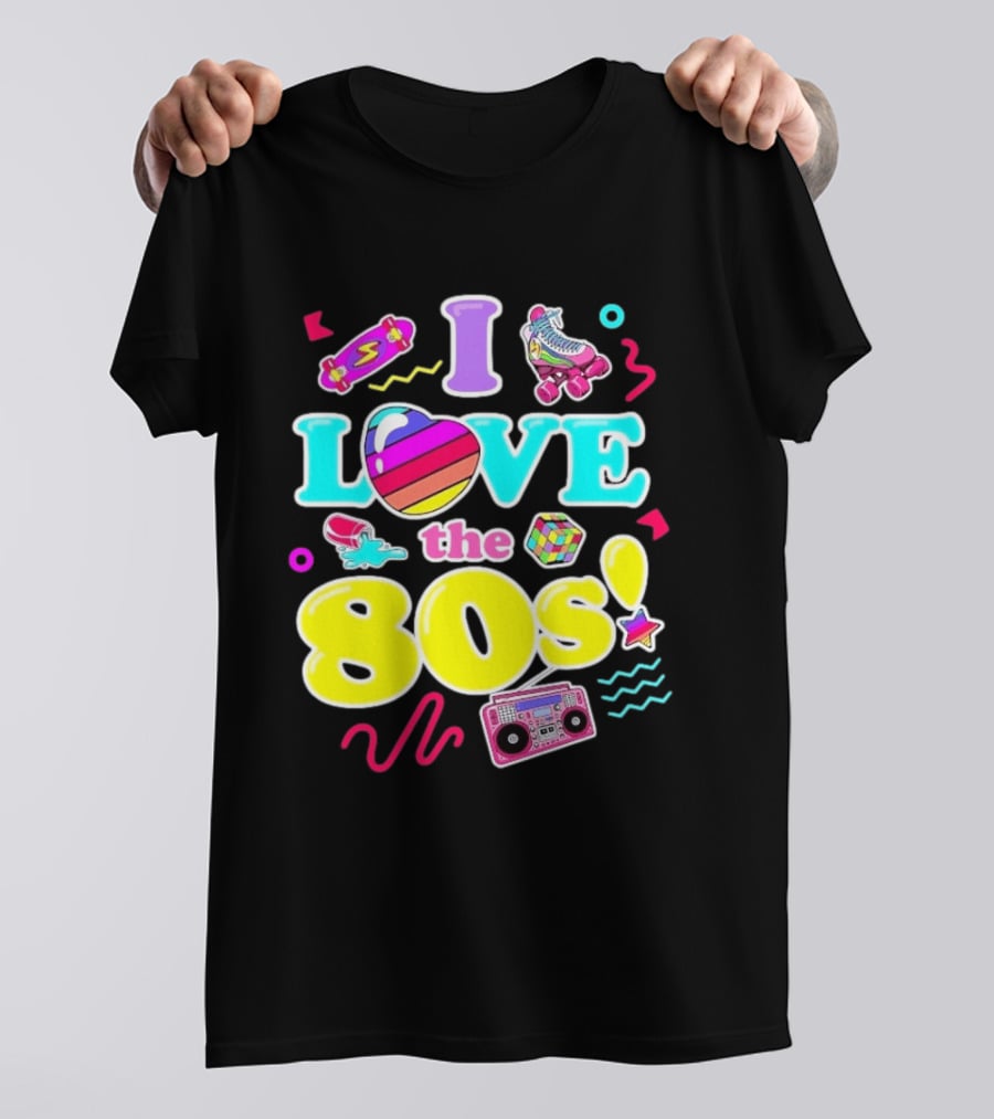 I Love The 80s Nostalgia Roller Skates Boombox Rubik's Cube Retro Fun T-Shirt