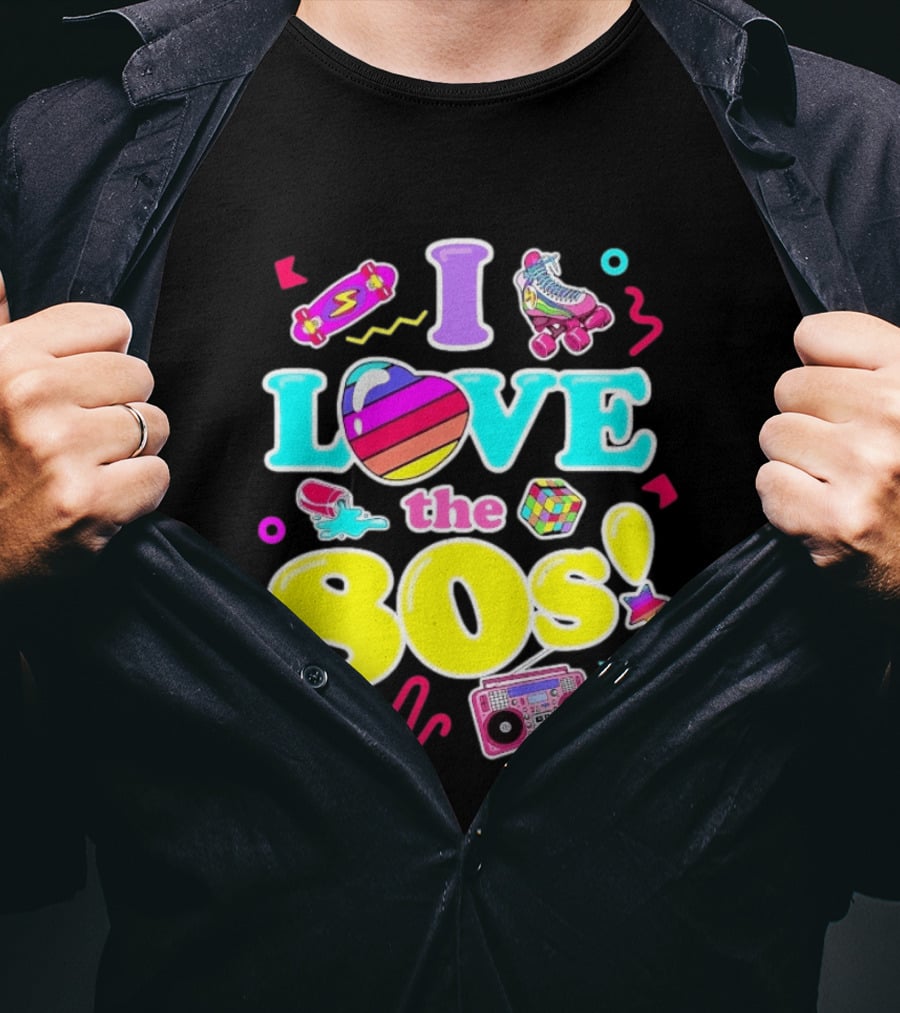 I Love The 80s Nostalgia Roller Skates Boombox Rubik's Cube Retro Fun T-Shirt