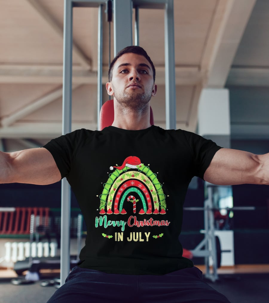 Merry Christmas In July Distressed Rainbow With Santa Hat And Candy Cane T-Shirt