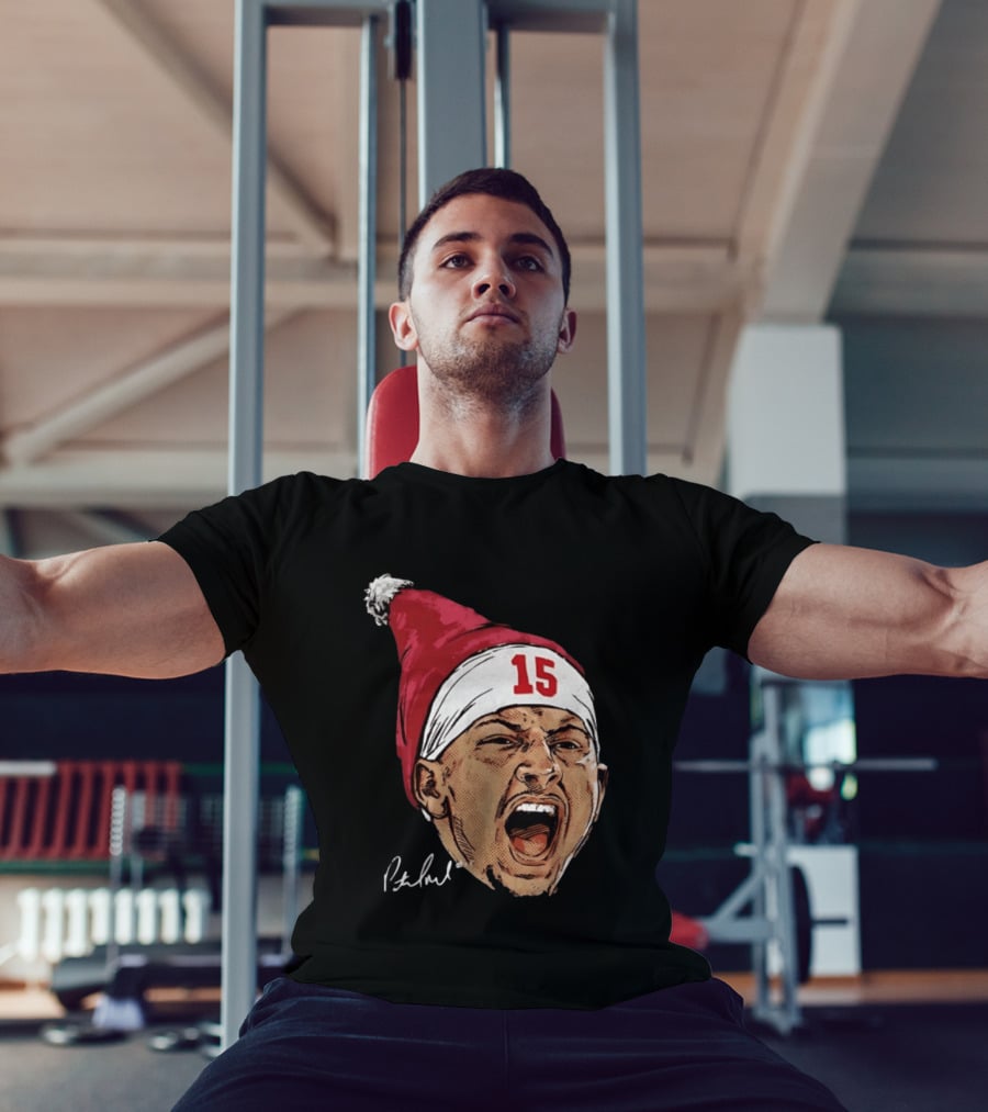 Pat Mahomes Screaming Face Red Santa Hat Number 15 Halftone Caricature T-Shirt