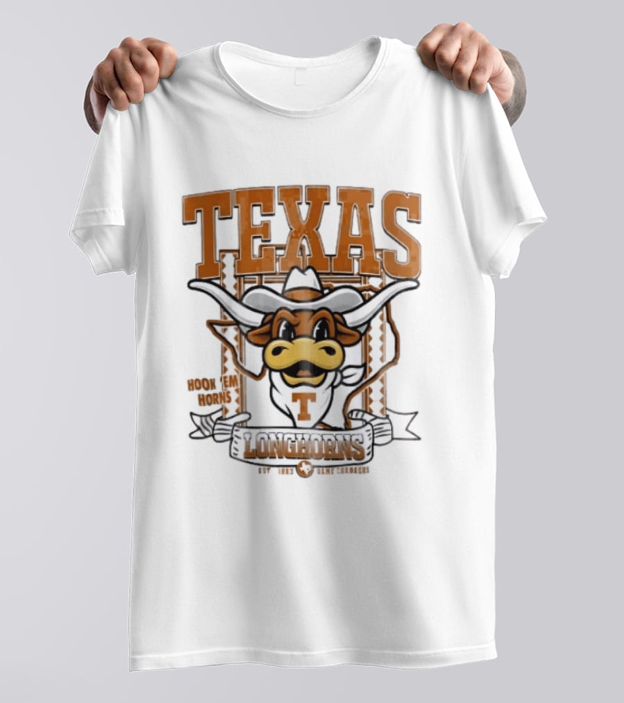 Texas Longhorns Hook Em Horns Game Changers Est 1883 State Map Cartoon T-Shirt