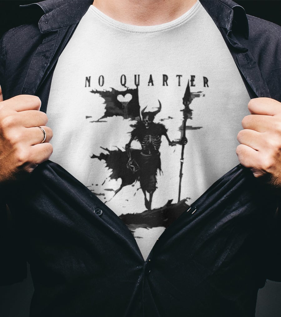No Quarter Distressed Skeleton Warrior Dark Fantasy T-Shirt