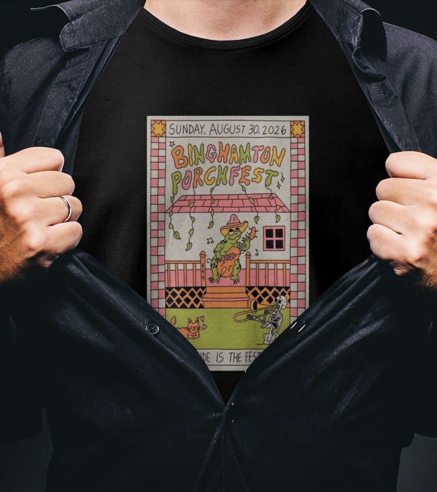 Binghamton Porchfest August 30 2026 West Side Is The Fest Side Sunday Concert Frog And Skeleton Player T-Shirt
