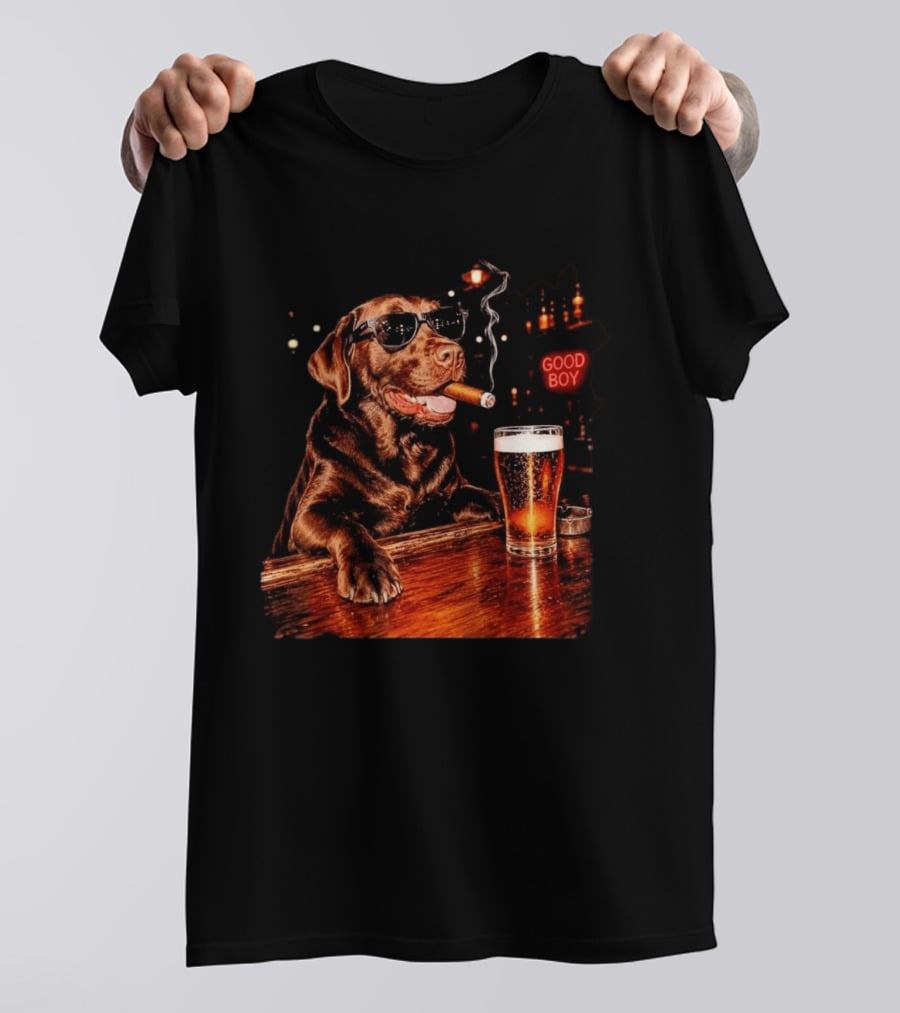 Silly Chocolate Labrador Retriever Drinking Beer Cigar Dog Good Boy Bar Night T-Shirt