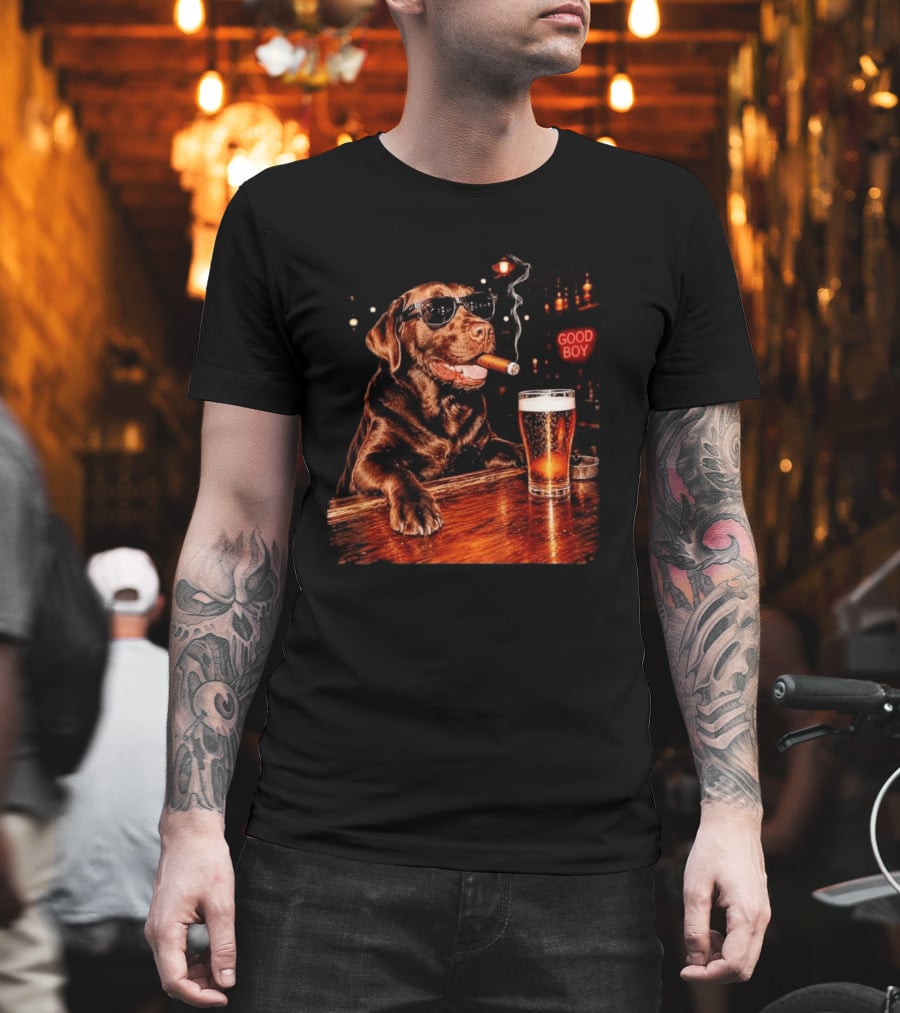 Silly Chocolate Labrador Retriever Drinking Beer Cigar Dog Good Boy Bar Night T-Shirt