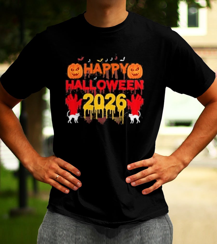 Happy Halloween 2026 Spooky Pumpkin Ghosts And Cats T-Shirt